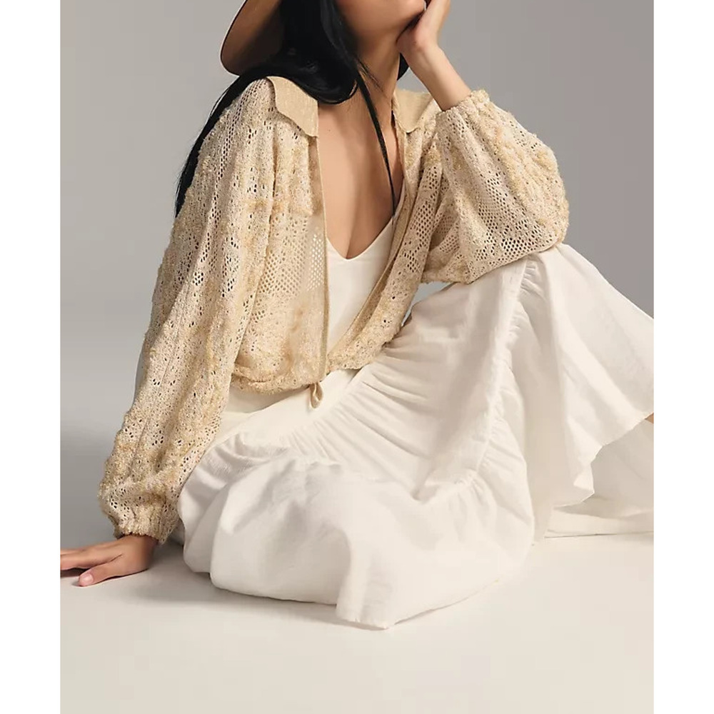 Anthropologie Cropped Lace Y2K preppy drape Cardigan Sweater M/L Beige A004165